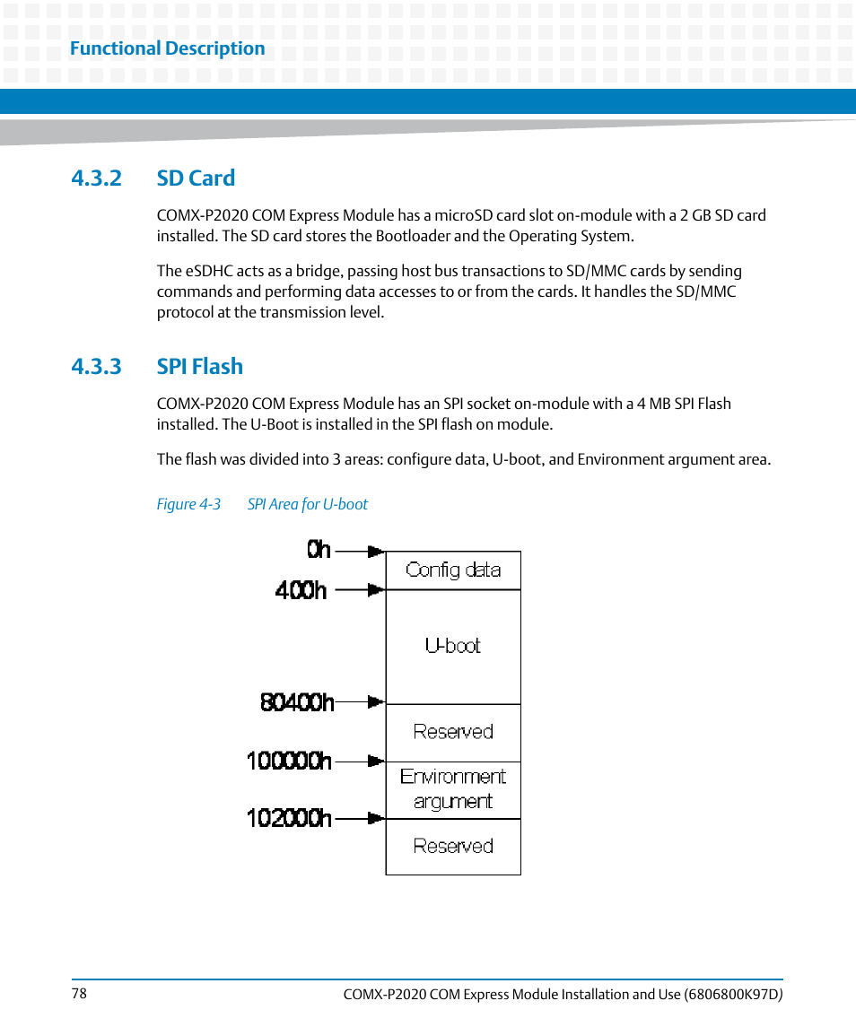 2 sd card, 3 spi flash, 2 sd card 4.3.3 spi flash | Figure 4-3, Spi area for u-boot | Artesyn COMX-P2020 Installation and Use (July 2014) User Manual | Page 78 / 100
