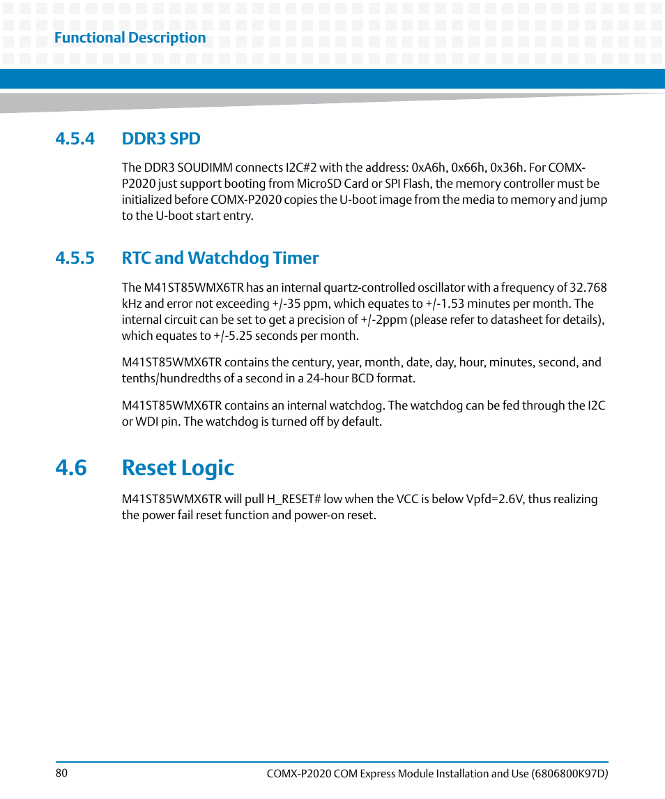 4 ddr3 spd, 5 rtc and watchdog timer, 6 reset logic | 4 ddr3 spd 4.5.5 rtc and watchdog timer | Artesyn COMX-P2020 Installation and Use (July 2014) User Manual | Page 80 / 100