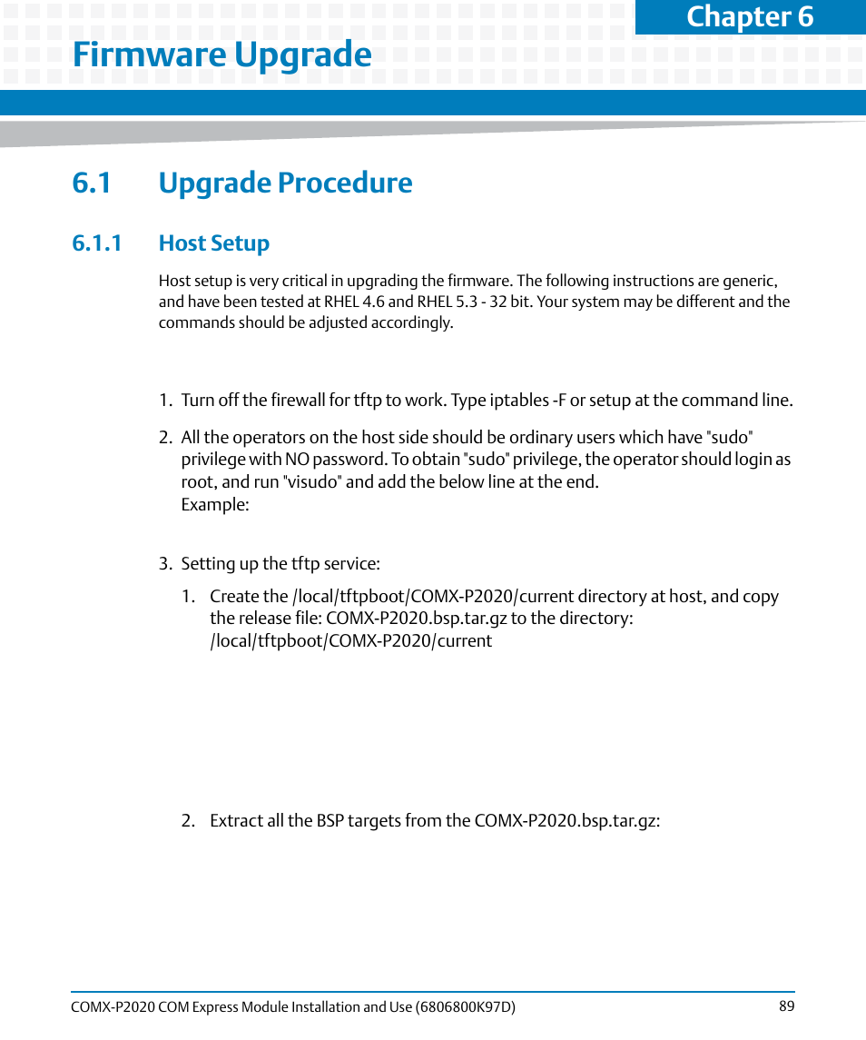 Firmware upgrade, 1 upgrade procedure, 1 host setup | Chapter 6 | Artesyn COMX-P2020 Installation and Use (July 2014) User Manual | Page 89 / 100