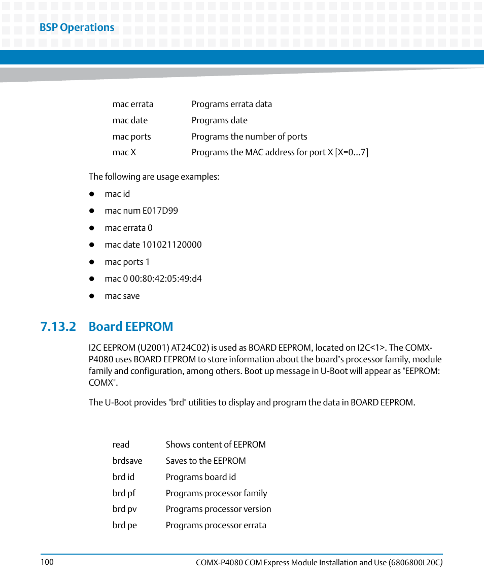 2 board eeprom, Bsp operations | Artesyn COMX-P4080 Installation and Use (August 2014) User Manual | Page 100 / 126