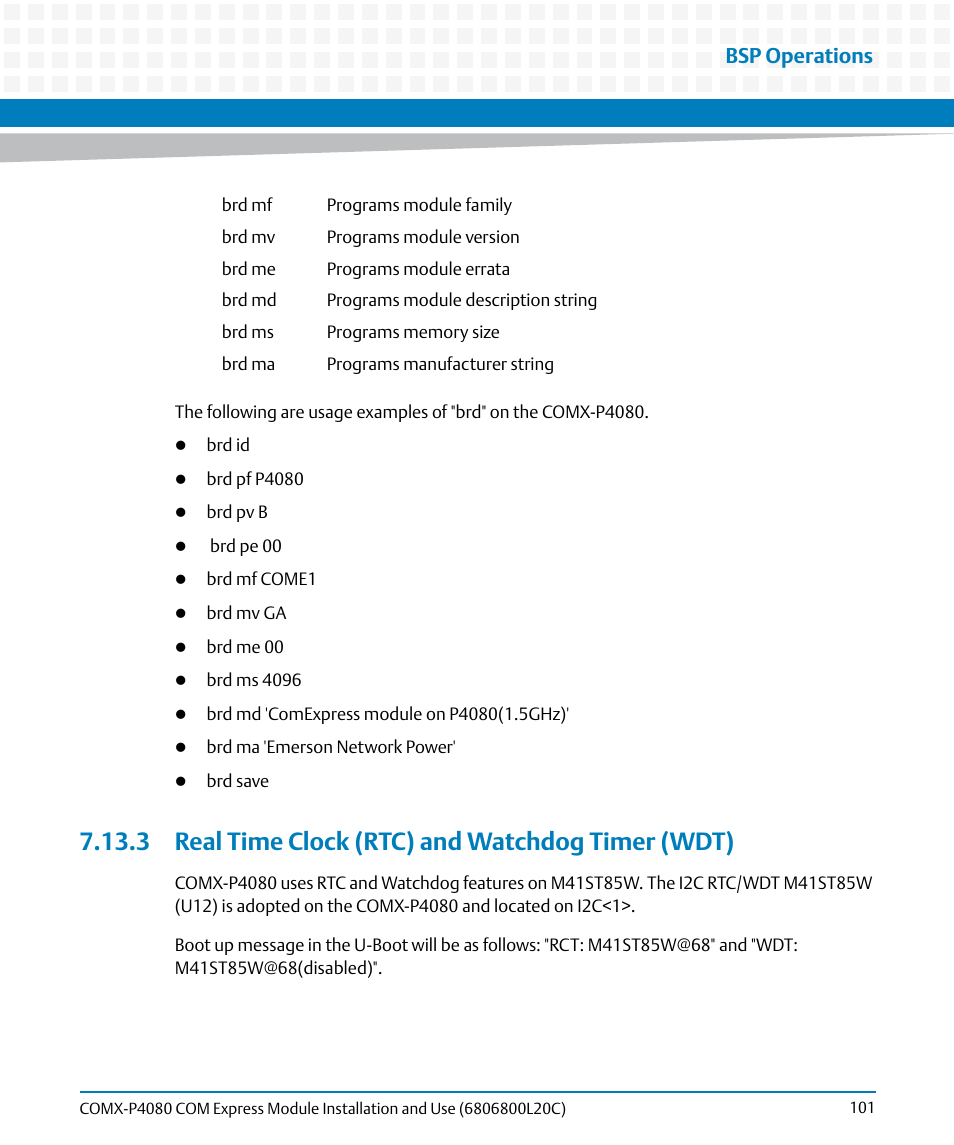 3 real time clock (rtc) and watchdog timer (wdt), Bsp operations | Artesyn COMX-P4080 Installation and Use (August 2014) User Manual | Page 101 / 126