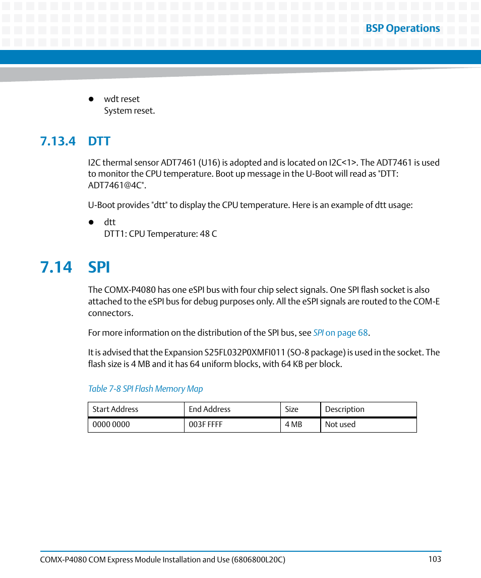 4 dtt, 14 spi, Table 7-8 | Spi flash memory map, Bsp operations | Artesyn COMX-P4080 Installation and Use (August 2014) User Manual | Page 103 / 126