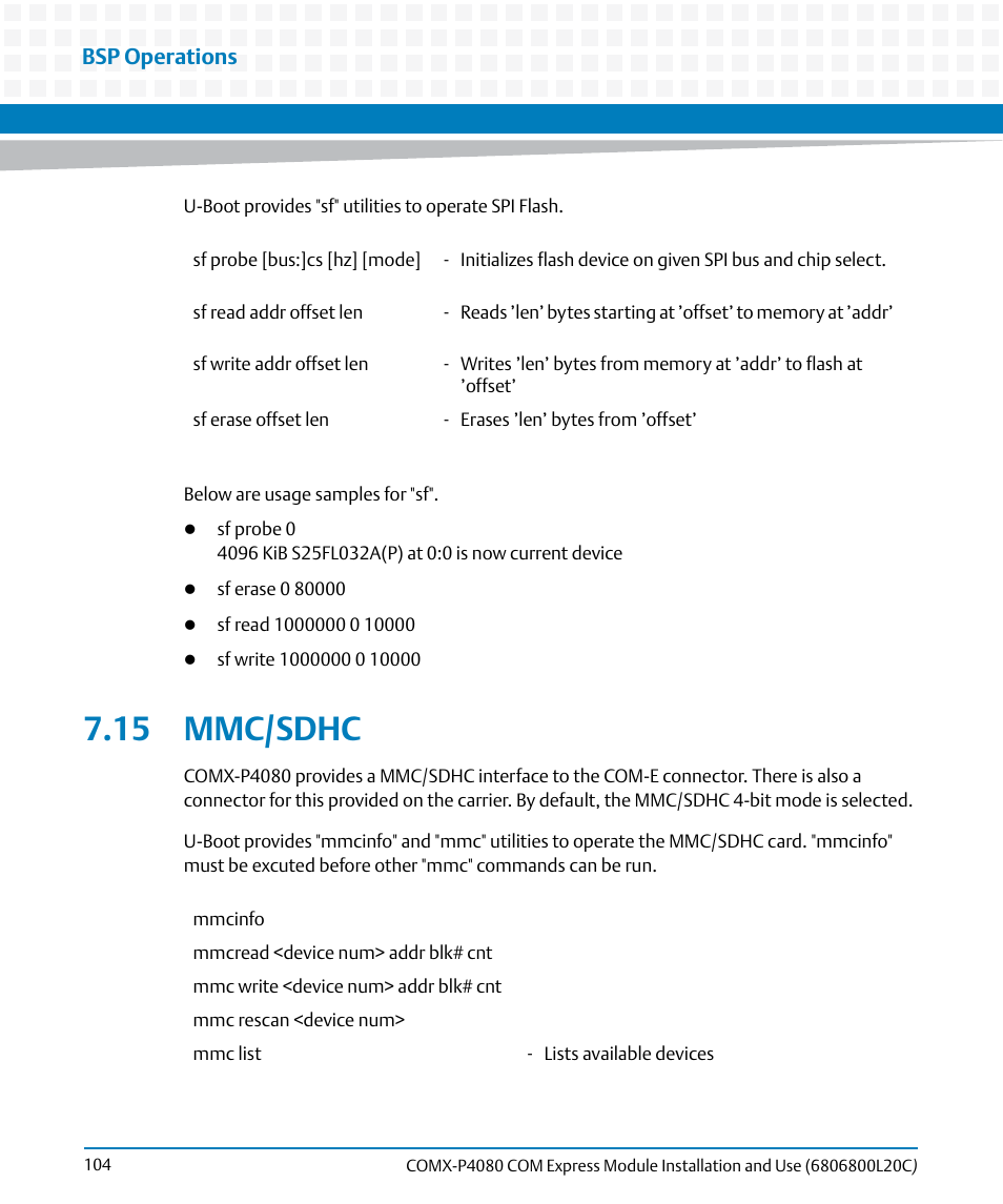 15 mmc/sdhc, Bsp operations | Artesyn COMX-P4080 Installation and Use (August 2014) User Manual | Page 104 / 126