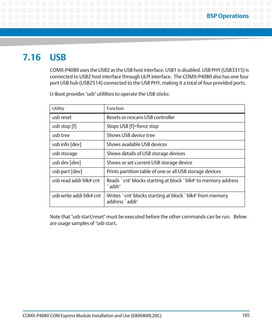 16 usb, Bsp operations | Artesyn COMX-P4080 Installation and Use (August 2014) User Manual | Page 105 / 126