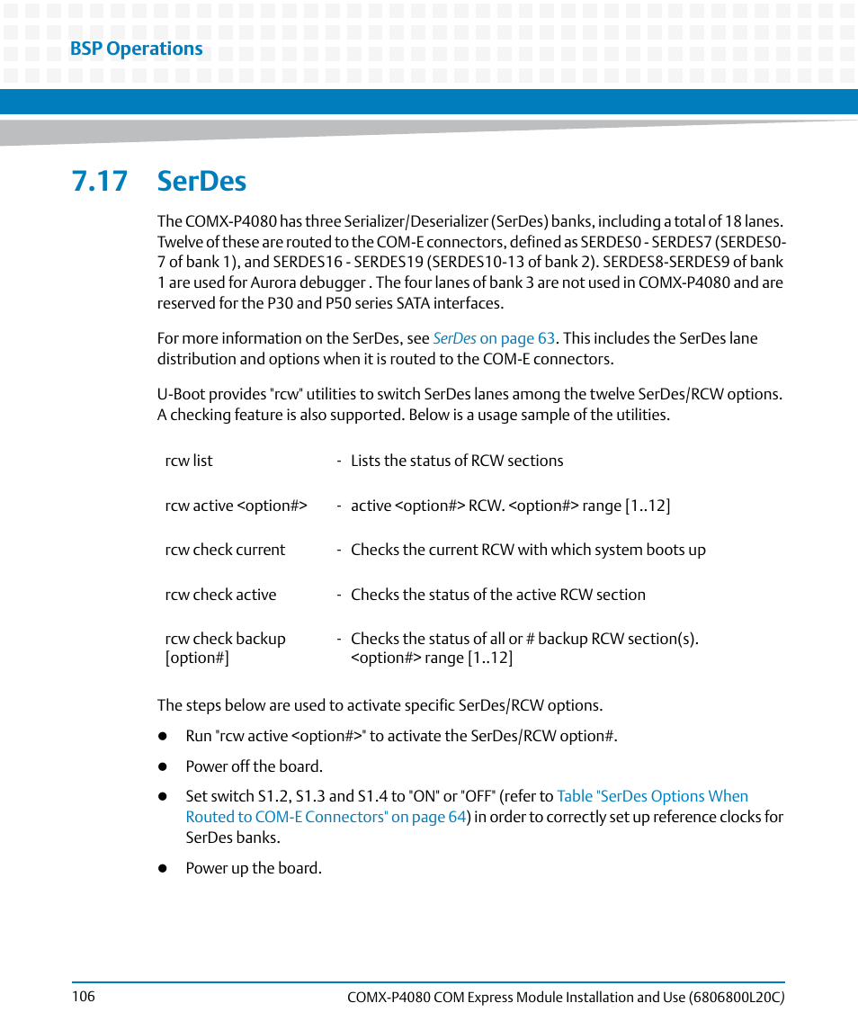 17 serdes, Bsp operations | Artesyn COMX-P4080 Installation and Use (August 2014) User Manual | Page 106 / 126