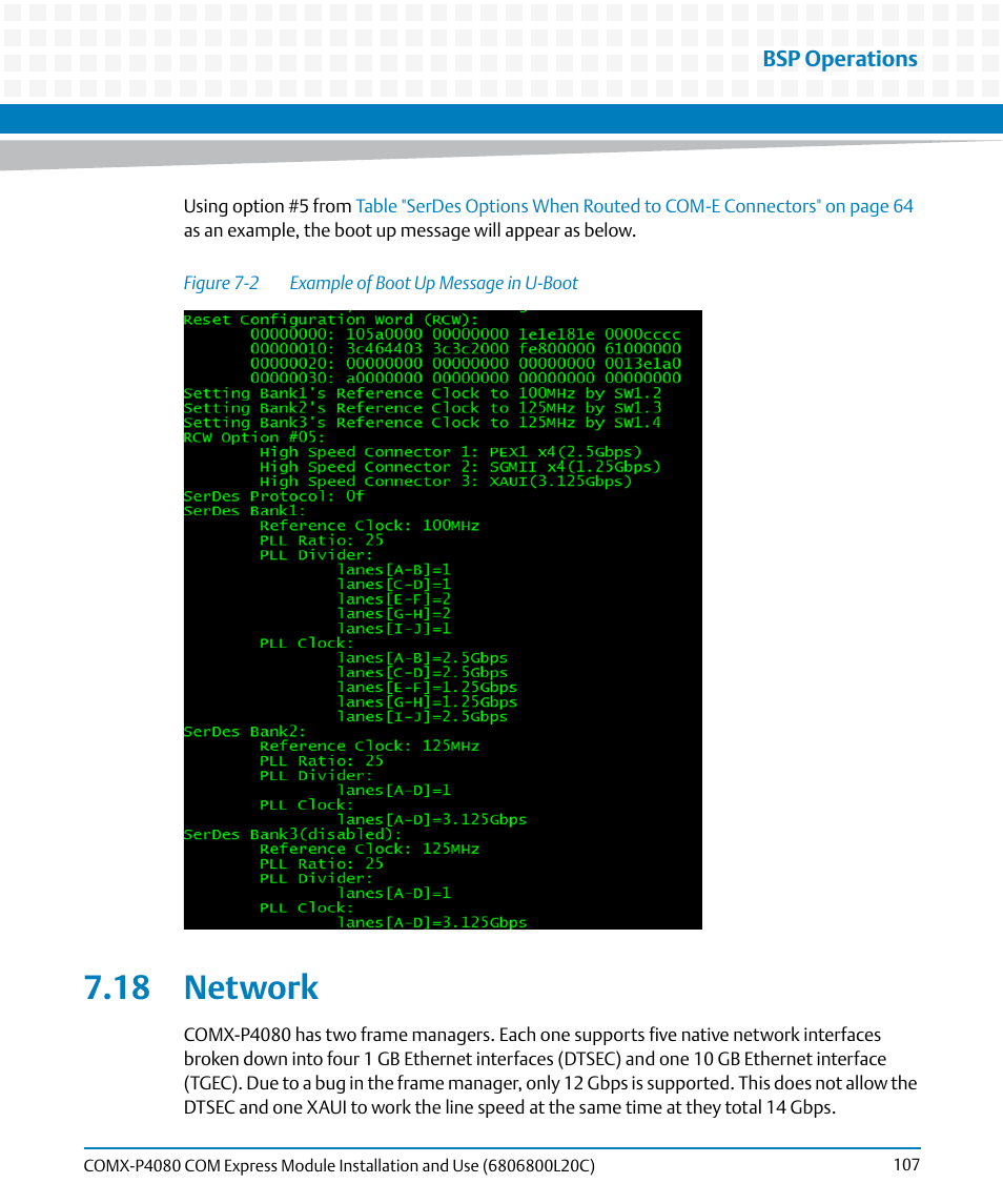 18 network, Figure 7-2, Example of boot up message in u-boot | Artesyn COMX-P4080 Installation and Use (August 2014) User Manual | Page 107 / 126