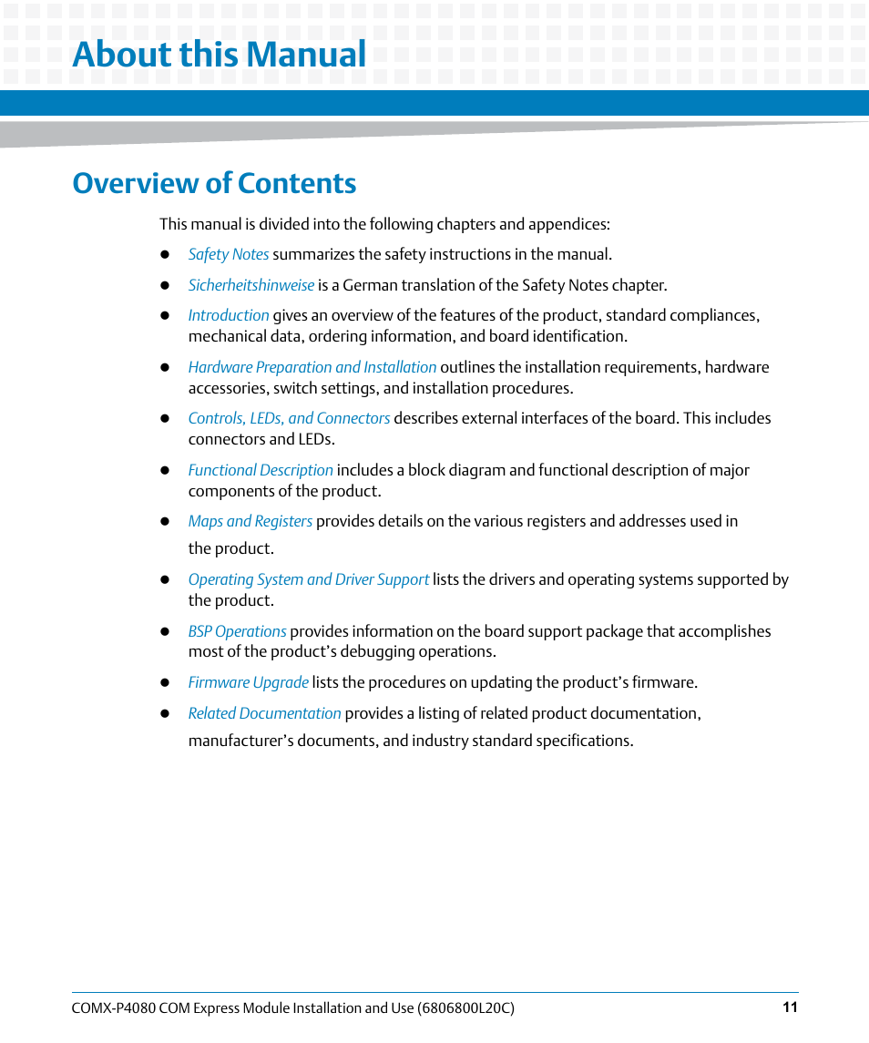 About this manual, Overview of contents | Artesyn COMX-P4080 Installation and Use (August 2014) User Manual | Page 11 / 126