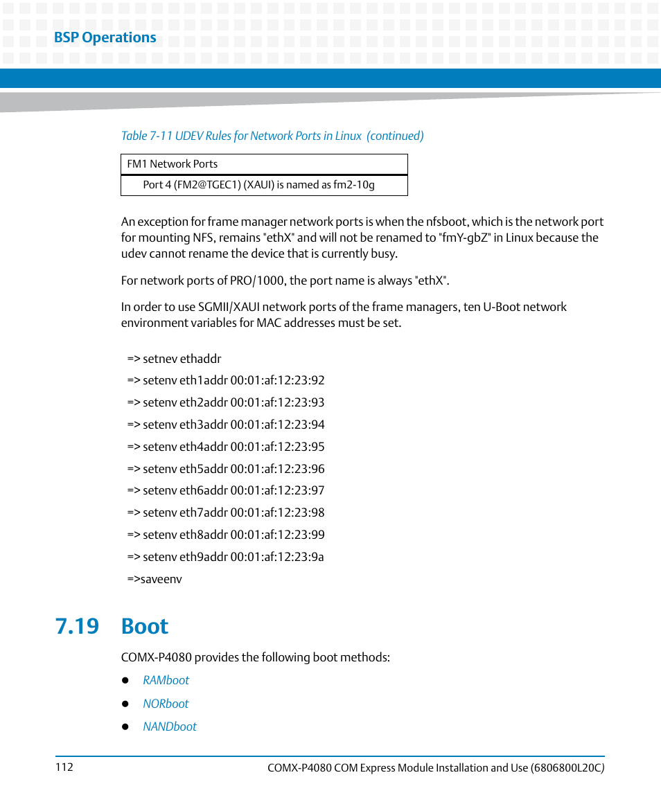 19 boot, Bsp operations | Artesyn COMX-P4080 Installation and Use (August 2014) User Manual | Page 112 / 126