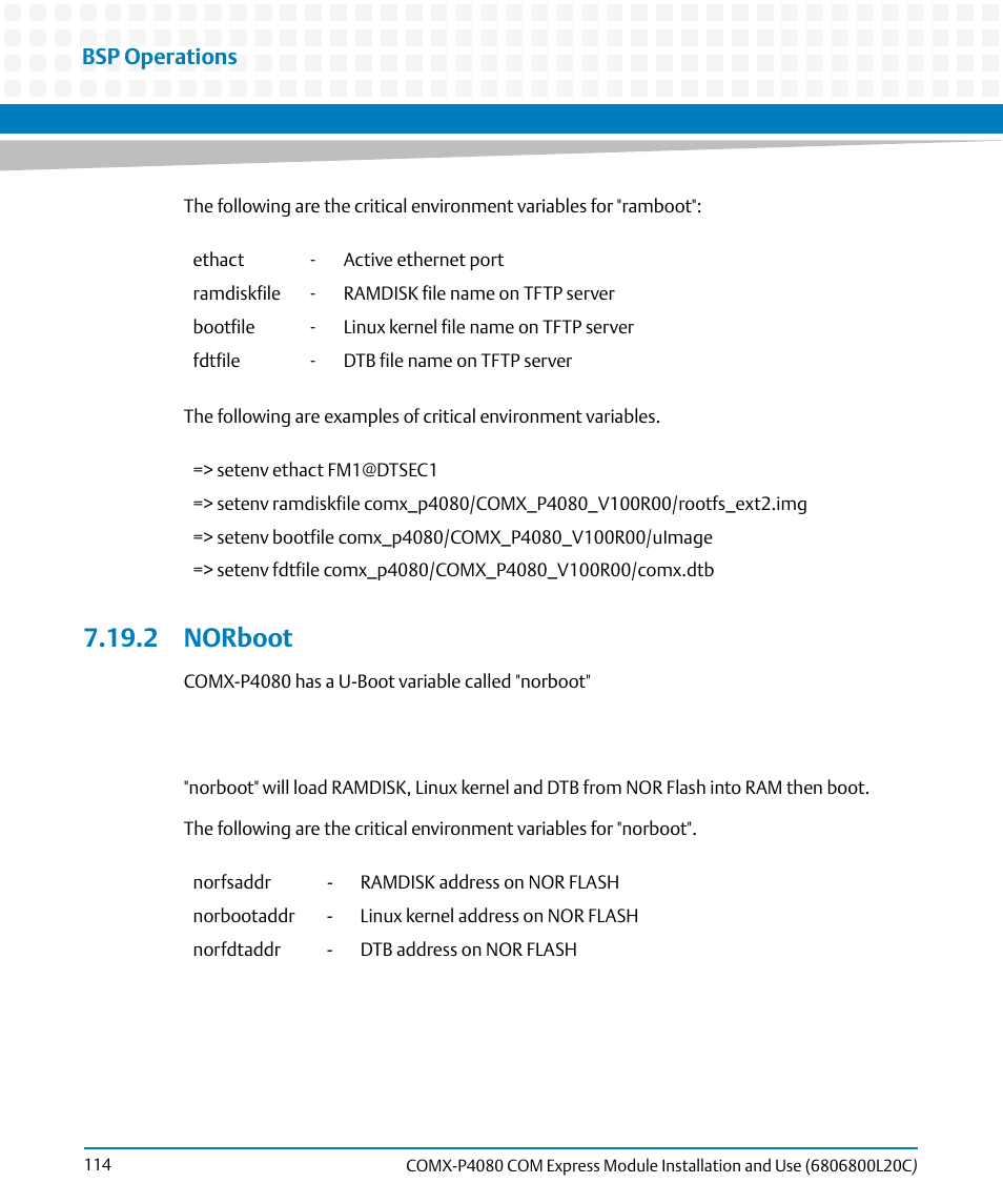 2 norboot, Bsp operations | Artesyn COMX-P4080 Installation and Use (August 2014) User Manual | Page 114 / 126