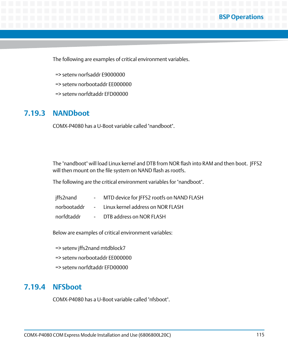 3 nandboot, 4 nfsboot, 3 nandboot 7.19.4 nfsboot | Bsp operations | Artesyn COMX-P4080 Installation and Use (August 2014) User Manual | Page 115 / 126