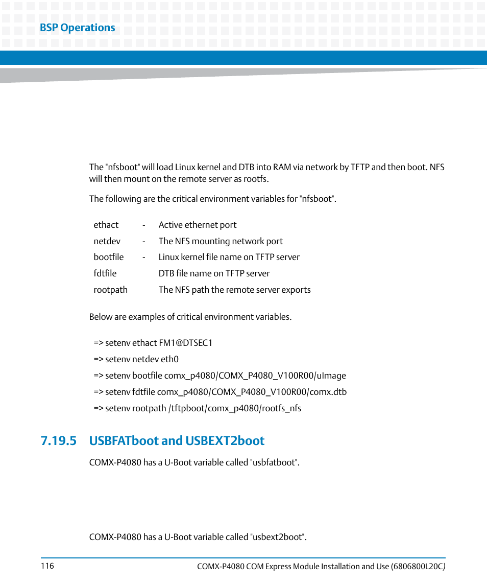 5 usbfatboot and usbext2boot, Bsp operations | Artesyn COMX-P4080 Installation and Use (August 2014) User Manual | Page 116 / 126