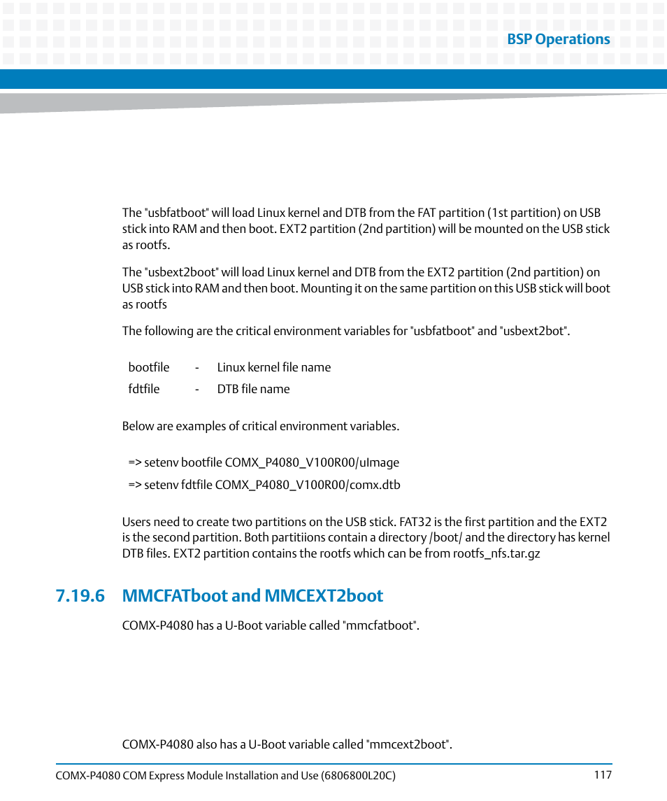 6 mmcfatboot and mmcext2boot, Bsp operations | Artesyn COMX-P4080 Installation and Use (August 2014) User Manual | Page 117 / 126