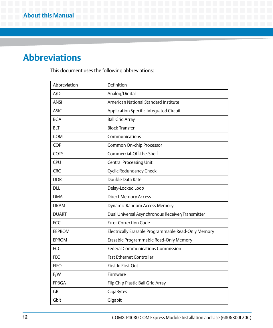 Abbreviations, About this manual | Artesyn COMX-P4080 Installation and Use (August 2014) User Manual | Page 12 / 126