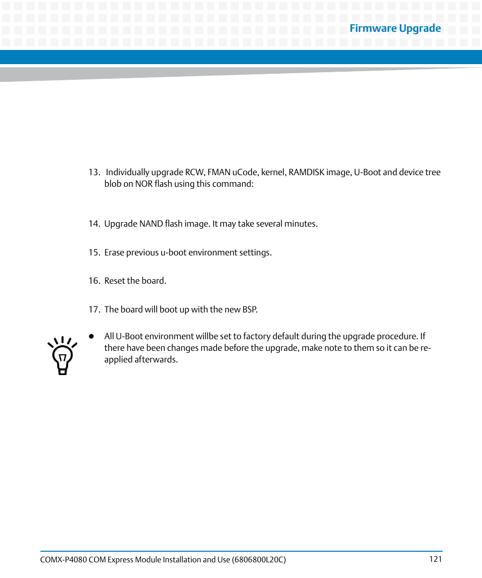 Firmware upgrade | Artesyn COMX-P4080 Installation and Use (August 2014) User Manual | Page 121 / 126