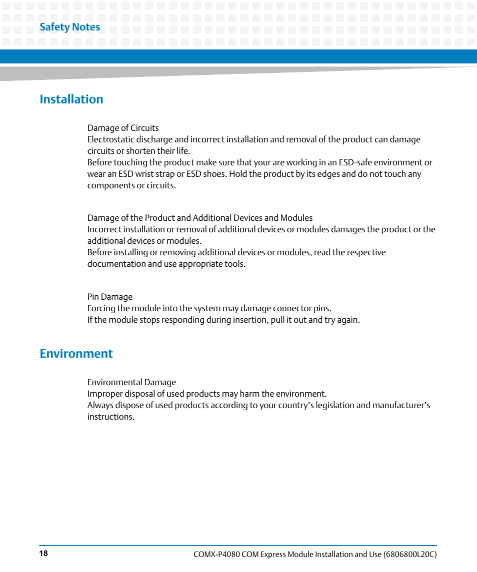 Installation, Environment | Artesyn COMX-P4080 Installation and Use (August 2014) User Manual | Page 18 / 126