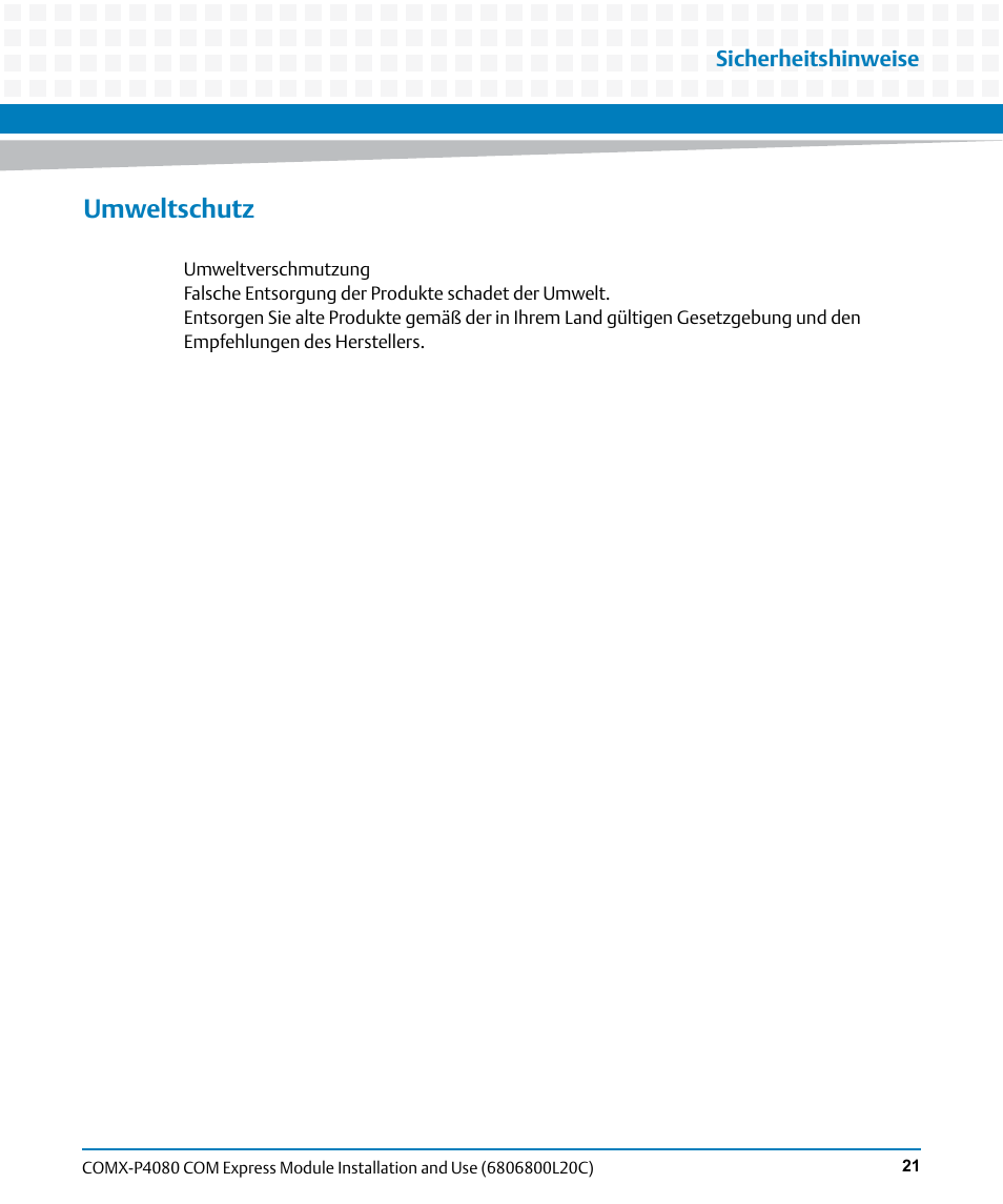 Umweltschutz | Artesyn COMX-P4080 Installation and Use (August 2014) User Manual | Page 21 / 126