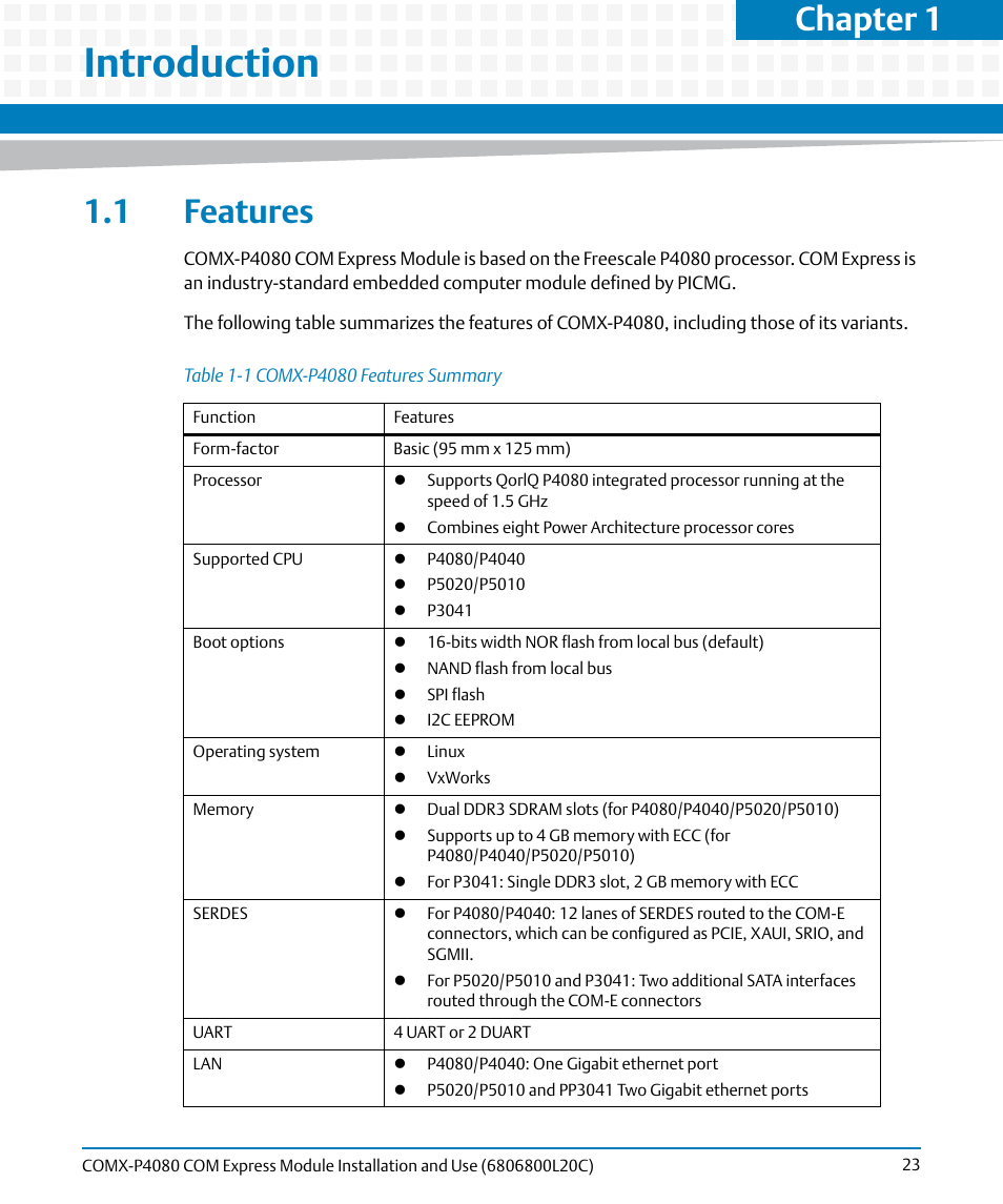 Introduction, 1 features, Table 1-1 | Comx-p4080 features summary, Chapter 1 | Artesyn COMX-P4080 Installation and Use (August 2014) User Manual | Page 23 / 126