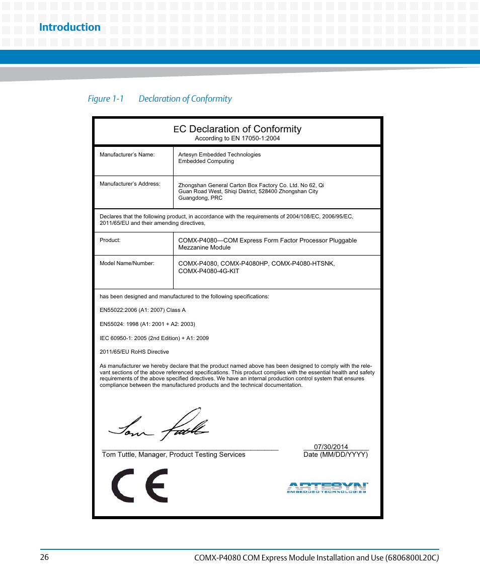Figure 1-1, Declaration of conformity, Introduction | C declaration of conformity, Figure 1-1 declaration of conformity | Artesyn COMX-P4080 Installation and Use (August 2014) User Manual | Page 26 / 126
