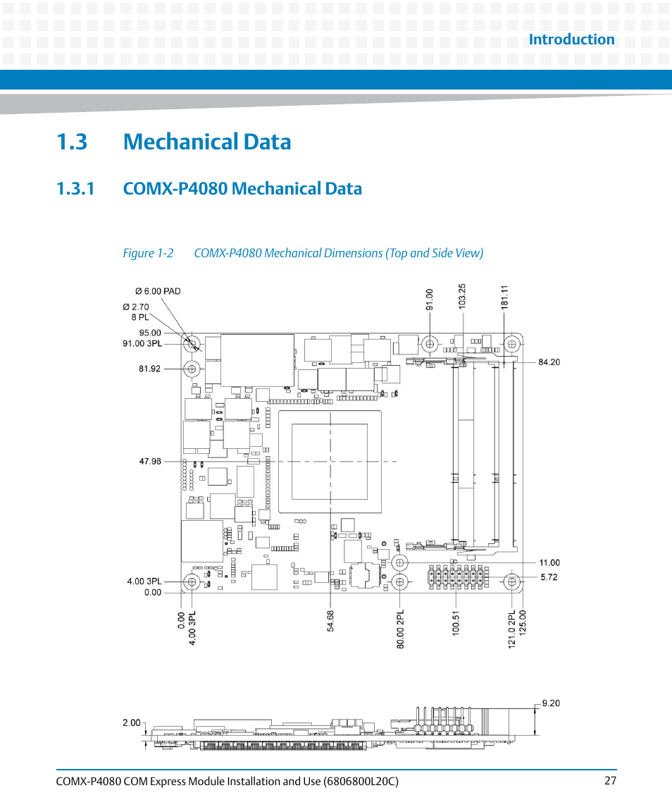 3 mechanical data, 1 comx-p4080 mechanical data, Figure 1-2 | Artesyn COMX-P4080 Installation and Use (August 2014) User Manual | Page 27 / 126