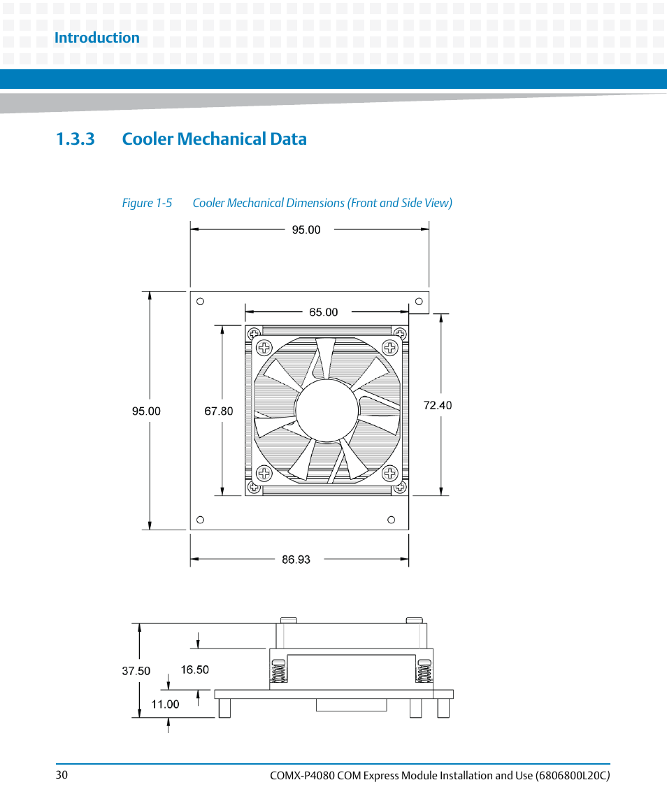 3 cooler mechanical data, Figure 1-5, Cooler mechanical dimensions (front and side view) | Artesyn COMX-P4080 Installation and Use (August 2014) User Manual | Page 30 / 126