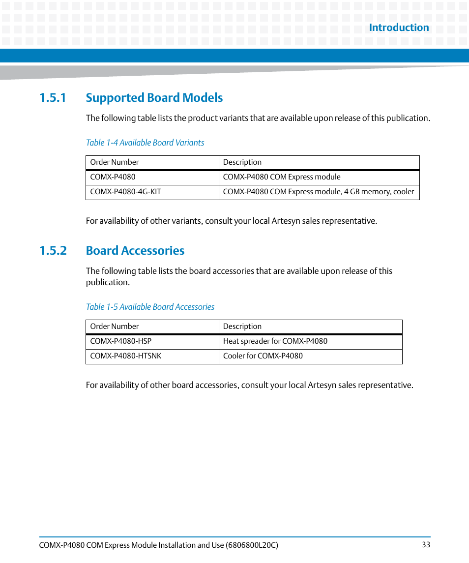 1 supported board models, 2 board accessories, 1 supported board models 1.5.2 board accessories | Table 1-4, Available board variants, Table 1-5, Available board accessories, Introduction | Artesyn COMX-P4080 Installation and Use (August 2014) User Manual | Page 33 / 126