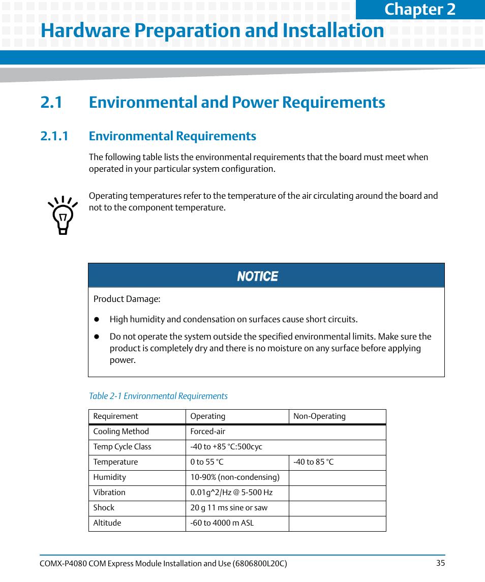 Hardware preparation and installation, 1 environmental and power requirements, 1 environmental requirements | Table 2-1, Environmental requirements, Outline, Chapter 2 | Artesyn COMX-P4080 Installation and Use (August 2014) User Manual | Page 35 / 126