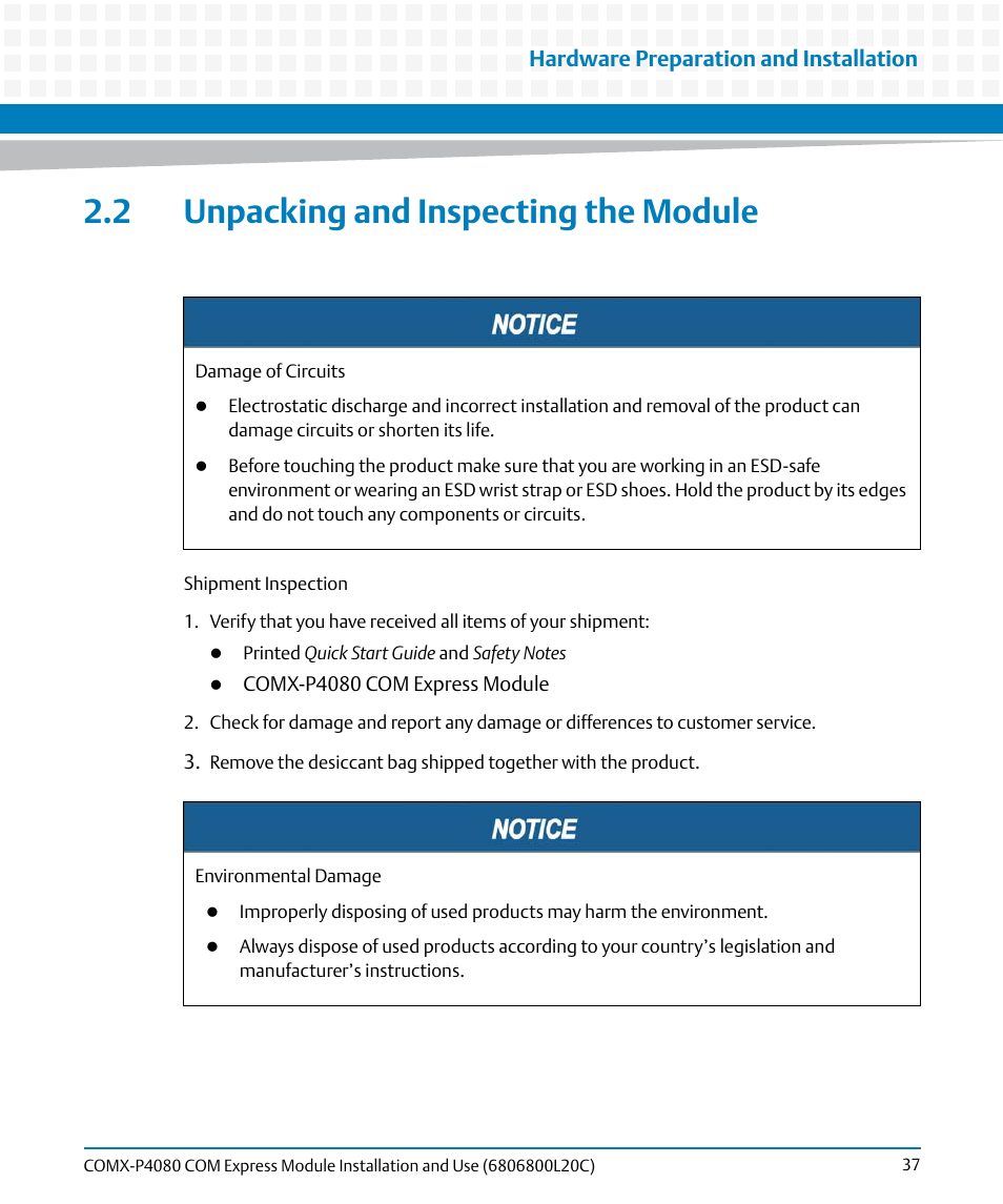 2 unpacking and inspecting the module | Artesyn COMX-P4080 Installation and Use (August 2014) User Manual | Page 37 / 126