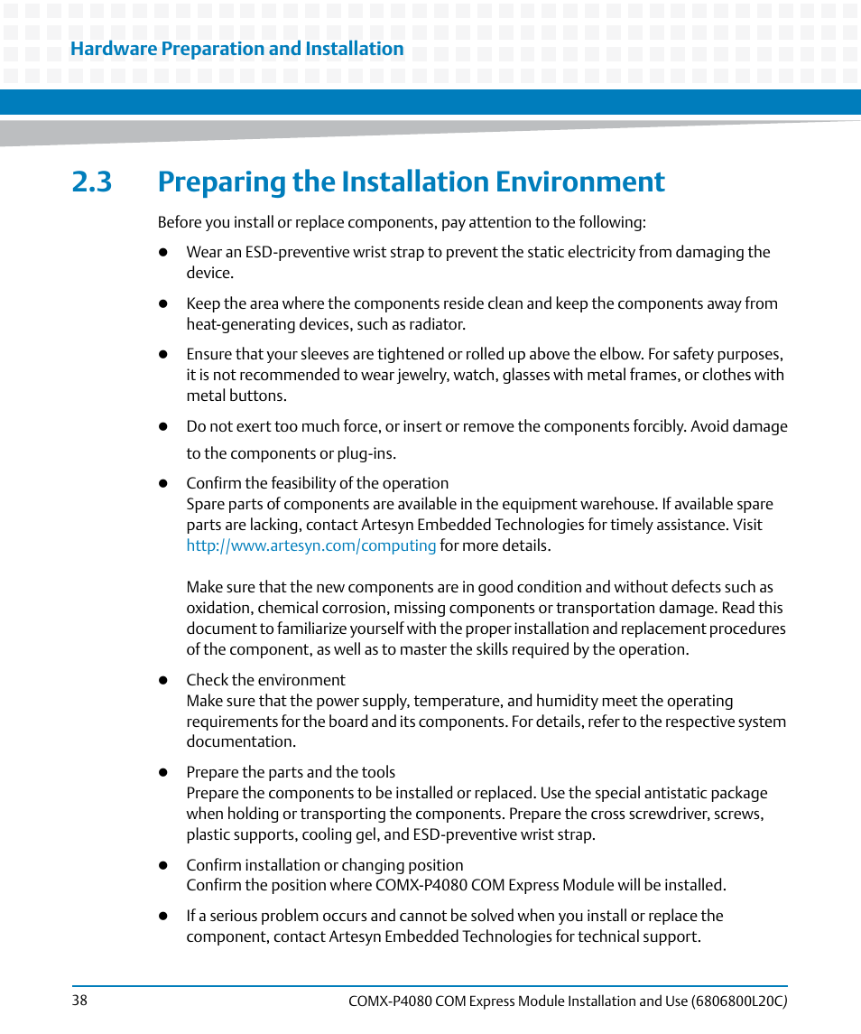 3 preparing the installation environment, Hardware preparation and installation | Artesyn COMX-P4080 Installation and Use (August 2014) User Manual | Page 38 / 126