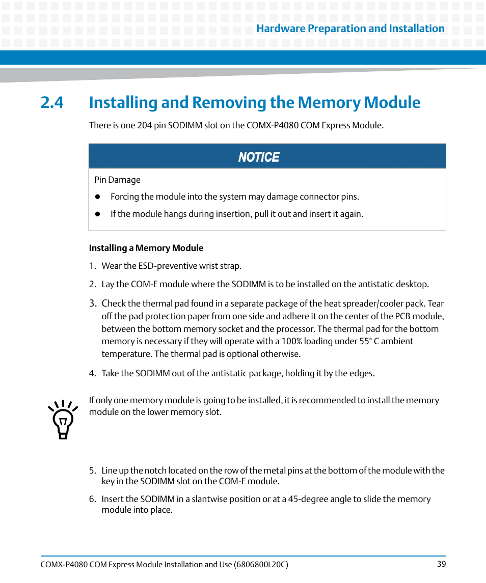 4 installing and removing the memory module | Artesyn COMX-P4080 Installation and Use (August 2014) User Manual | Page 39 / 126