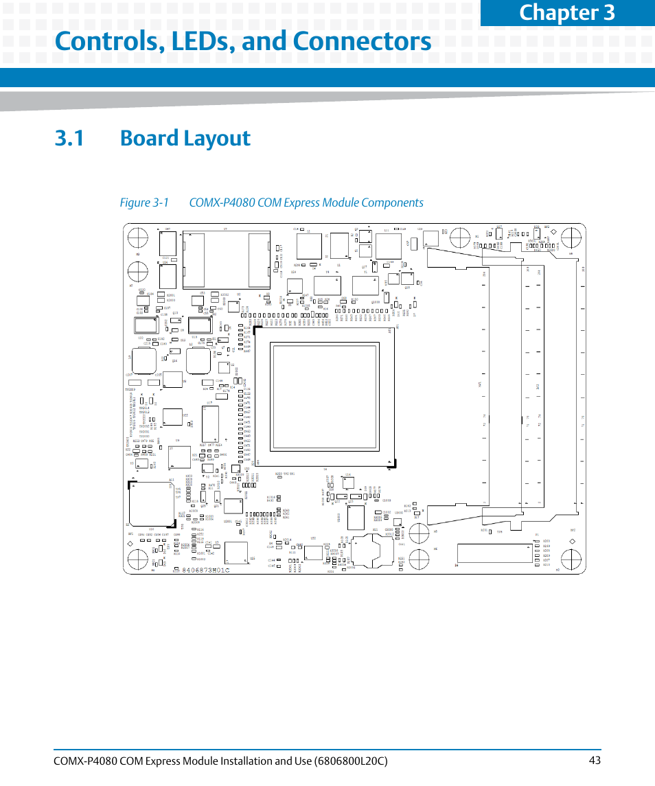 Controls, leds, and connectors, 1 board layout, Figure 3-1 | Comx-p4080 com express module components, Chapter 3 | Artesyn COMX-P4080 Installation and Use (August 2014) User Manual | Page 43 / 126