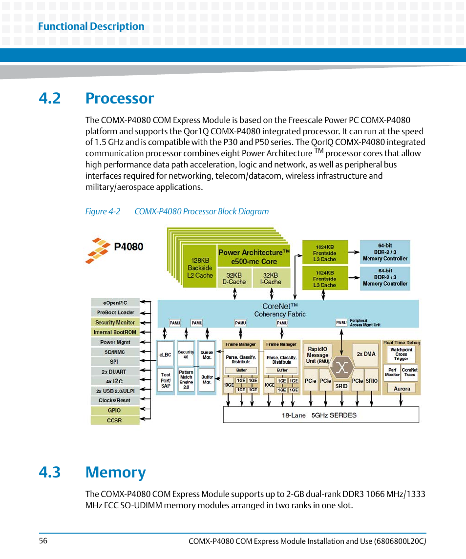 2 processor, 3 memory, 2 processor 4.3 memory | Figure 4-2, Comx-p4080 processor block diagram | Artesyn COMX-P4080 Installation and Use (August 2014) User Manual | Page 56 / 126