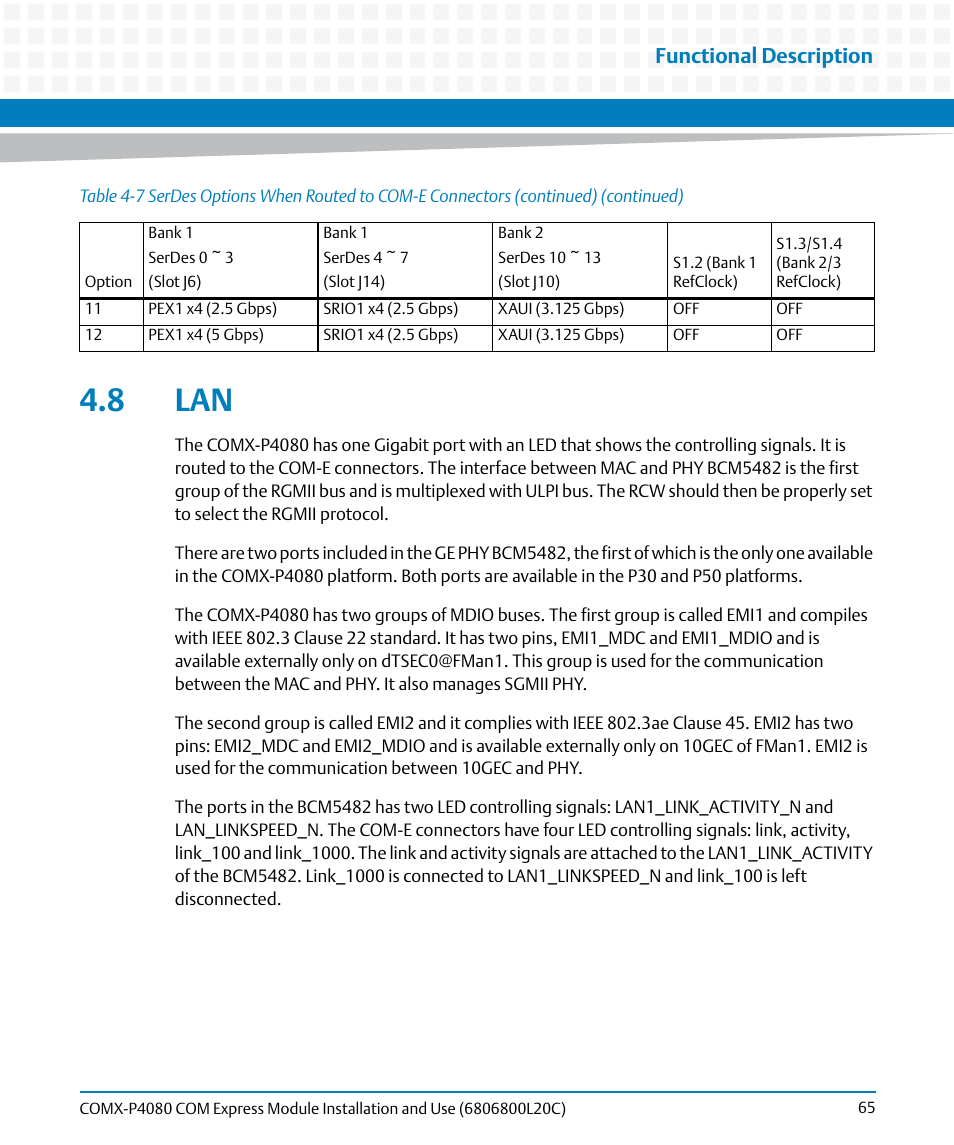 8 lan, Functional description | Artesyn COMX-P4080 Installation and Use (August 2014) User Manual | Page 65 / 126