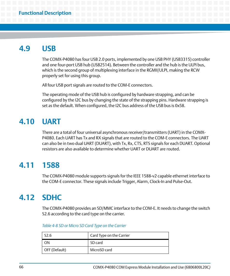 9 usb, 10 uart, 12 sdhc | 9 usb 4.10 uart 4.11 1588 4.12 sdhc, Table 4-8, Sd or micro sd card type on the carrier | Artesyn COMX-P4080 Installation and Use (August 2014) User Manual | Page 66 / 126