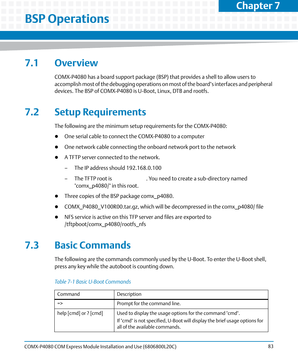 Bsp operations, 1 overview, 2 setup requirements | 3 basic commands, Table 7-1, Basic u-boot commands, Chapter 7, bsp operations, Chapter 7 | Artesyn COMX-P4080 Installation and Use (August 2014) User Manual | Page 83 / 126