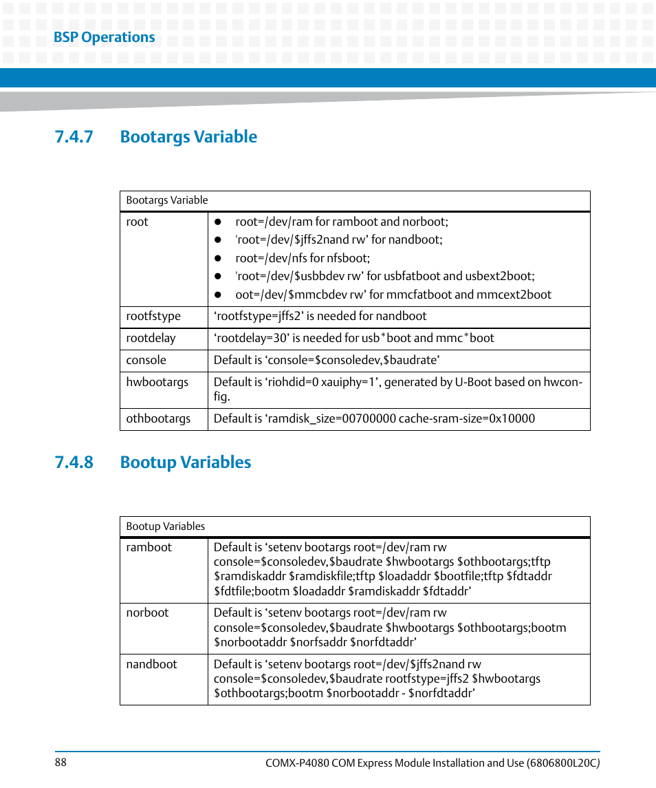7 bootargs variable, 8 bootup variables, 7 bootargs variable 7.4.8 bootup variables | Bsp operations | Artesyn COMX-P4080 Installation and Use (August 2014) User Manual | Page 88 / 126