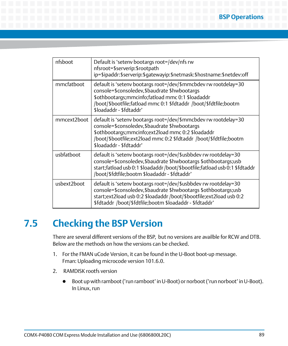 5 checking the bsp version | Artesyn COMX-P4080 Installation and Use (August 2014) User Manual | Page 89 / 126