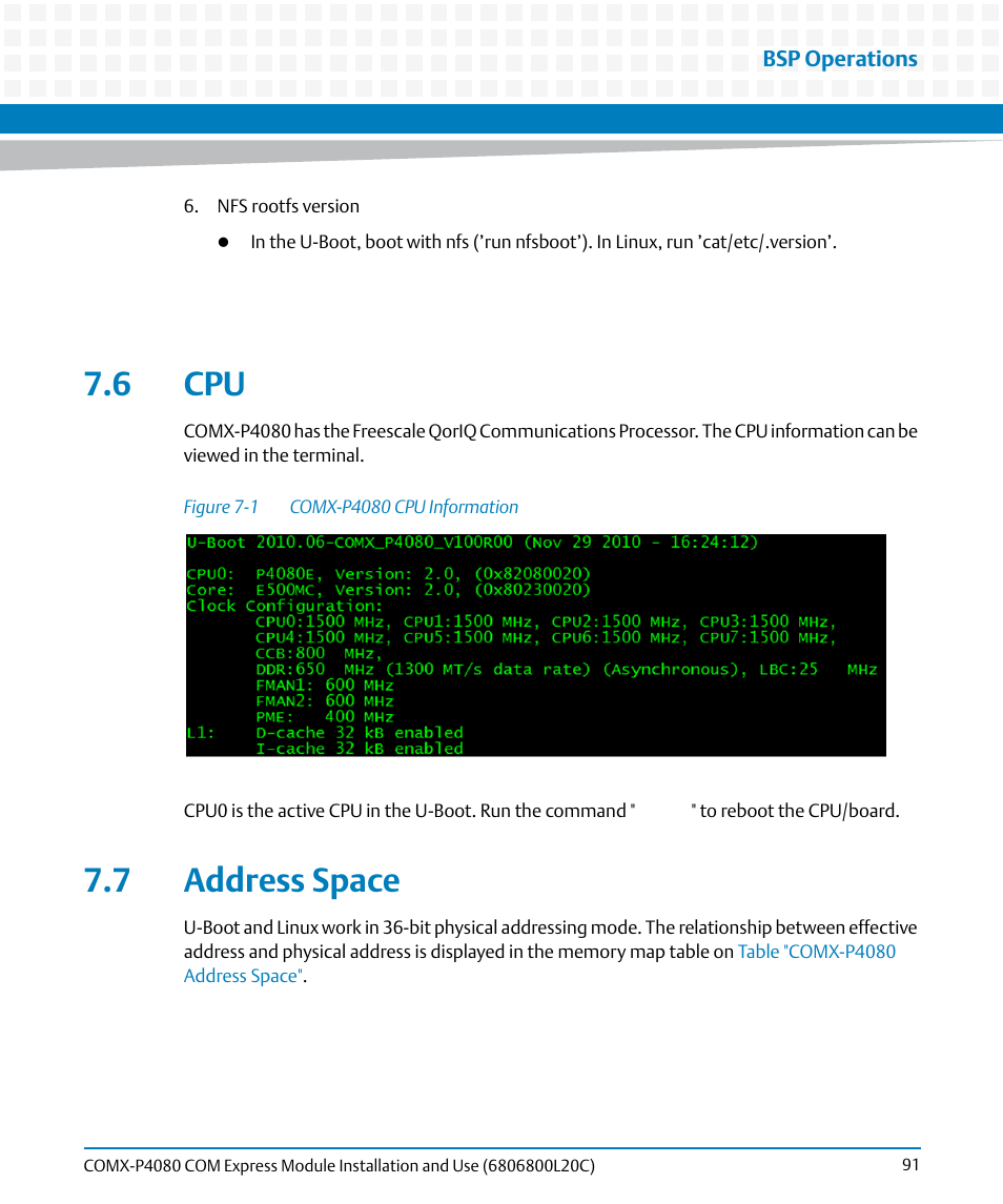 6 cpu, 7 address space, 6 cpu 7.7 address space | Figure 7-1, Comx-p4080 cpu information | Artesyn COMX-P4080 Installation and Use (August 2014) User Manual | Page 91 / 126