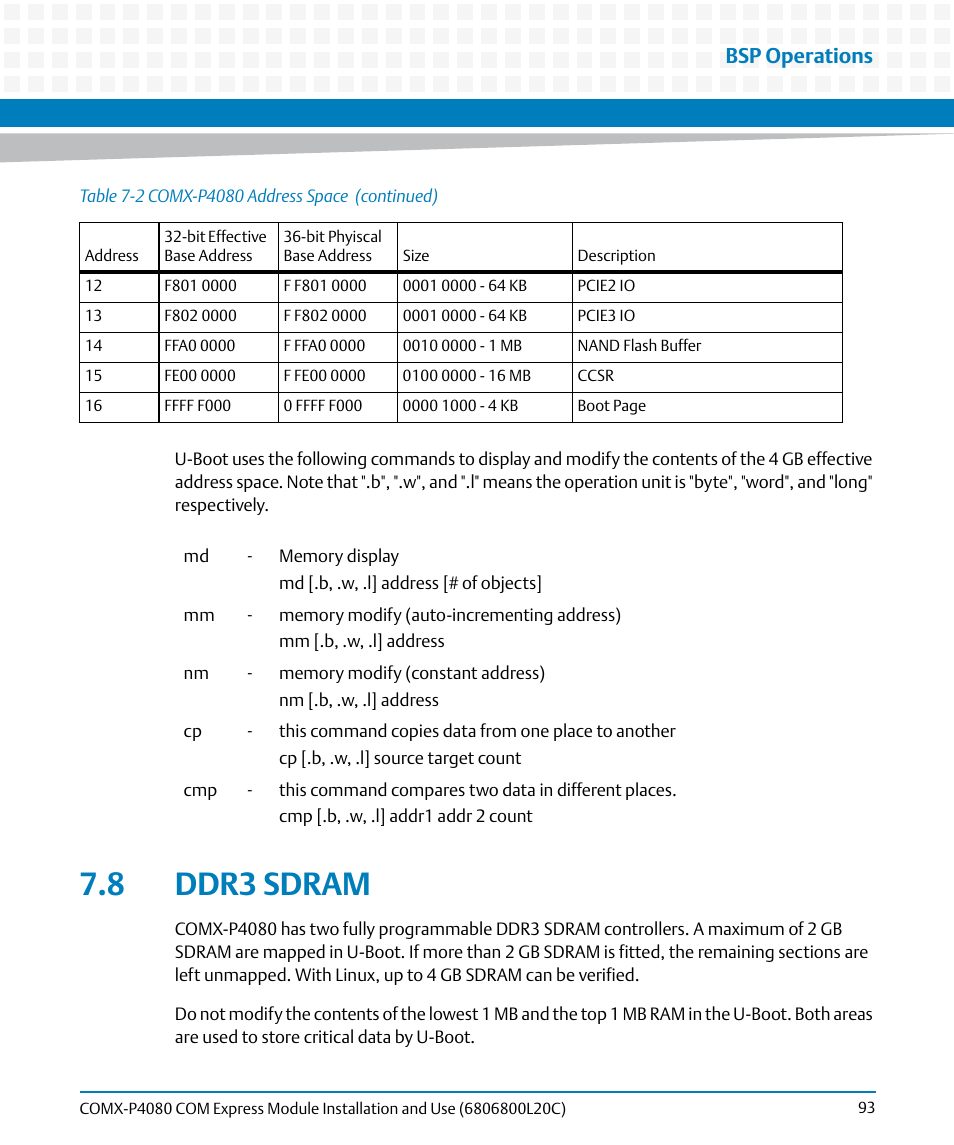 8 ddr3 sdram, Bsp operations | Artesyn COMX-P4080 Installation and Use (August 2014) User Manual | Page 93 / 126
