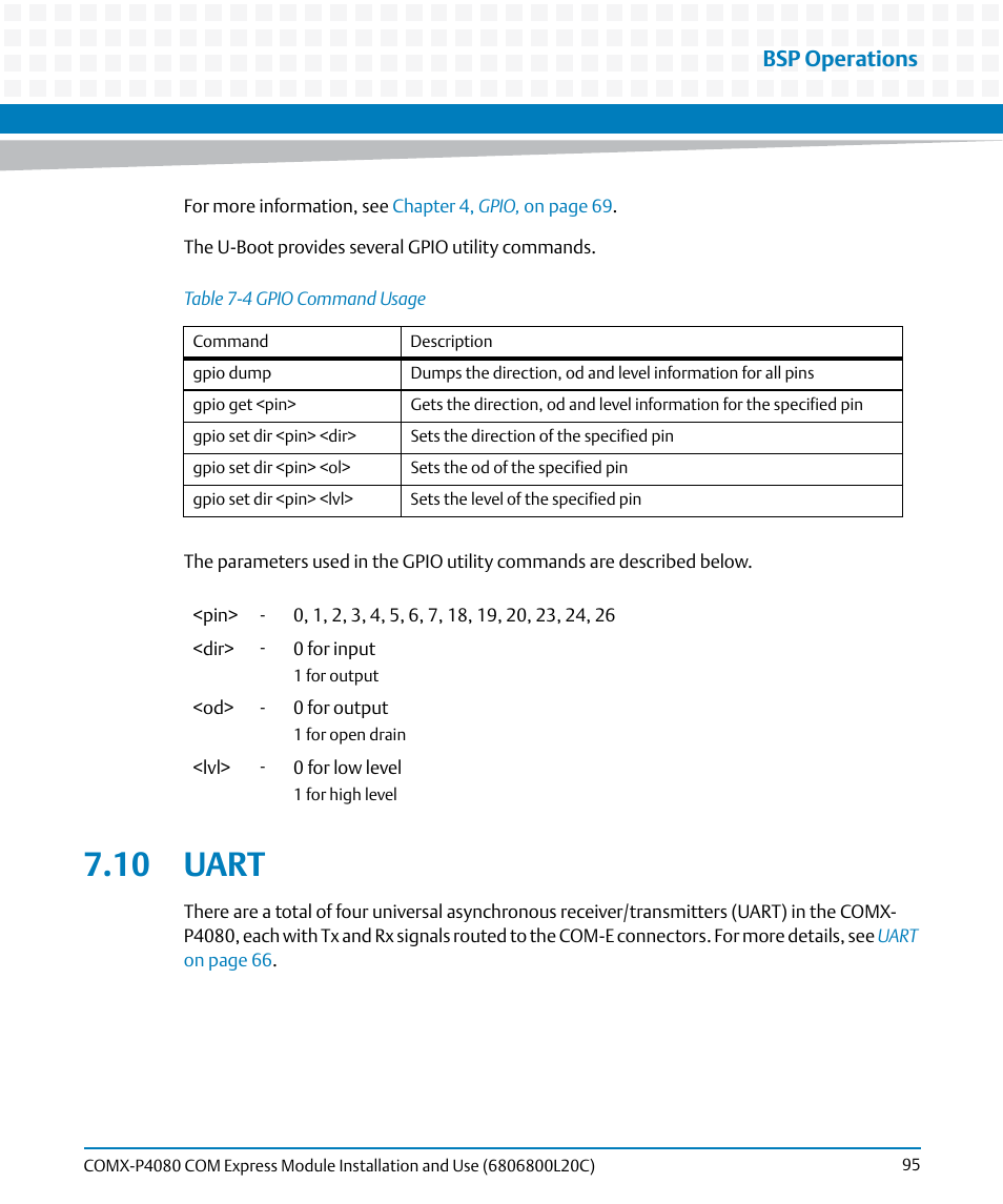 10 uart, Table 7-4, Gpio command usage | Bsp operations | Artesyn COMX-P4080 Installation and Use (August 2014) User Manual | Page 95 / 126