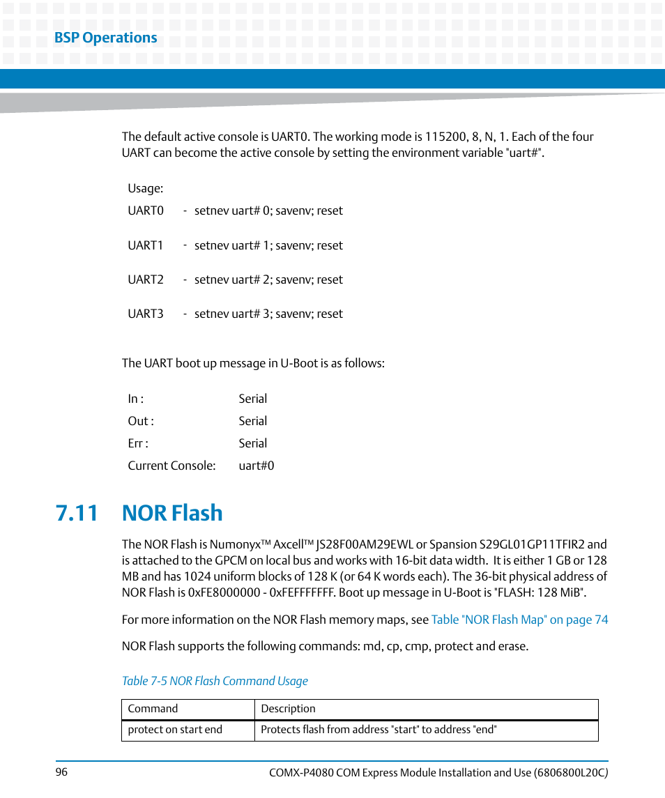11 nor flash, Table 7-5, Nor flash command usage | Bsp operations | Artesyn COMX-P4080 Installation and Use (August 2014) User Manual | Page 96 / 126