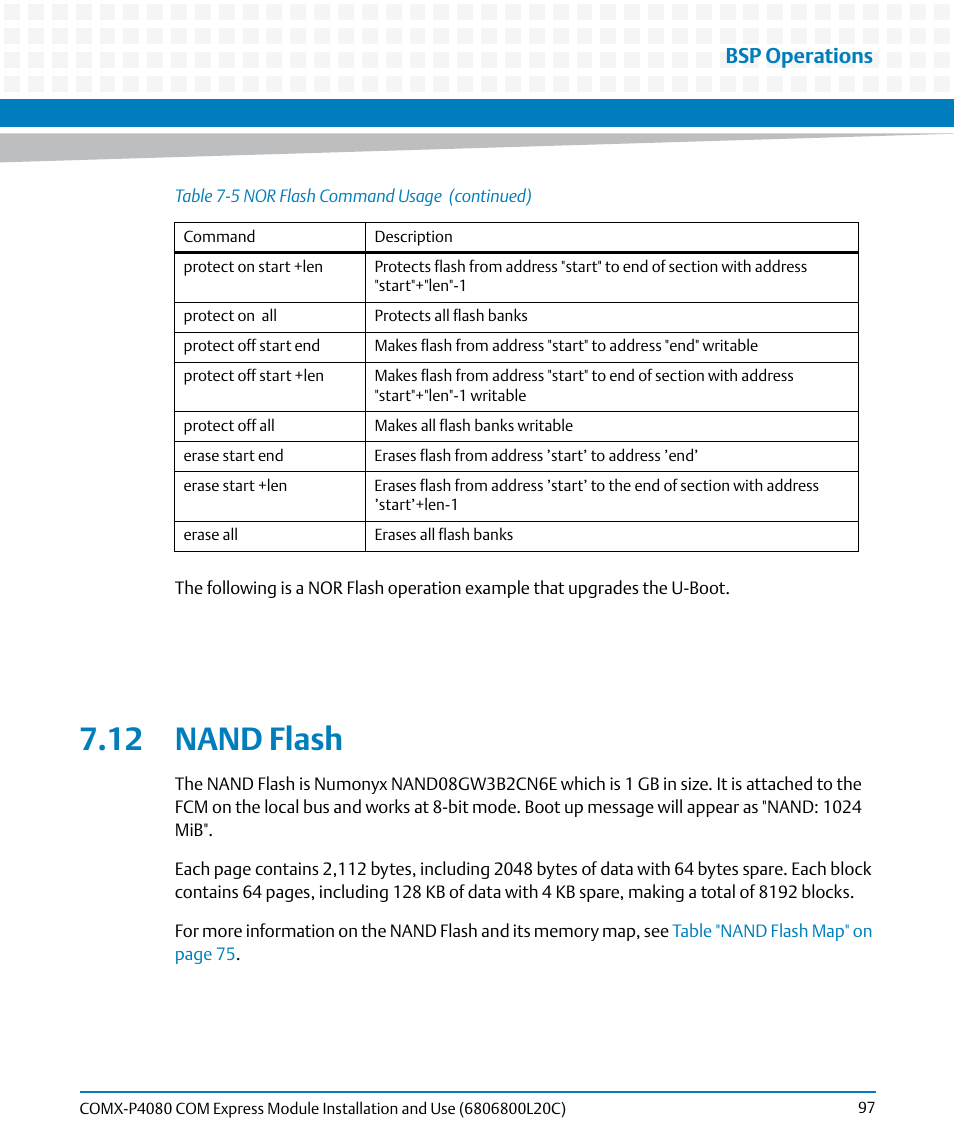 12 nand flash, Bsp operations | Artesyn COMX-P4080 Installation and Use (August 2014) User Manual | Page 97 / 126