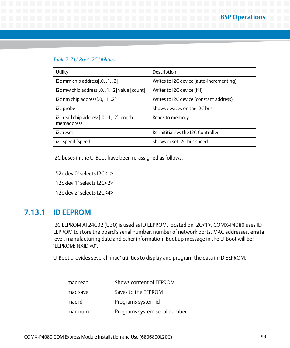 1 id eeprom, Bsp operations | Artesyn COMX-P4080 Installation and Use (August 2014) User Manual | Page 99 / 126