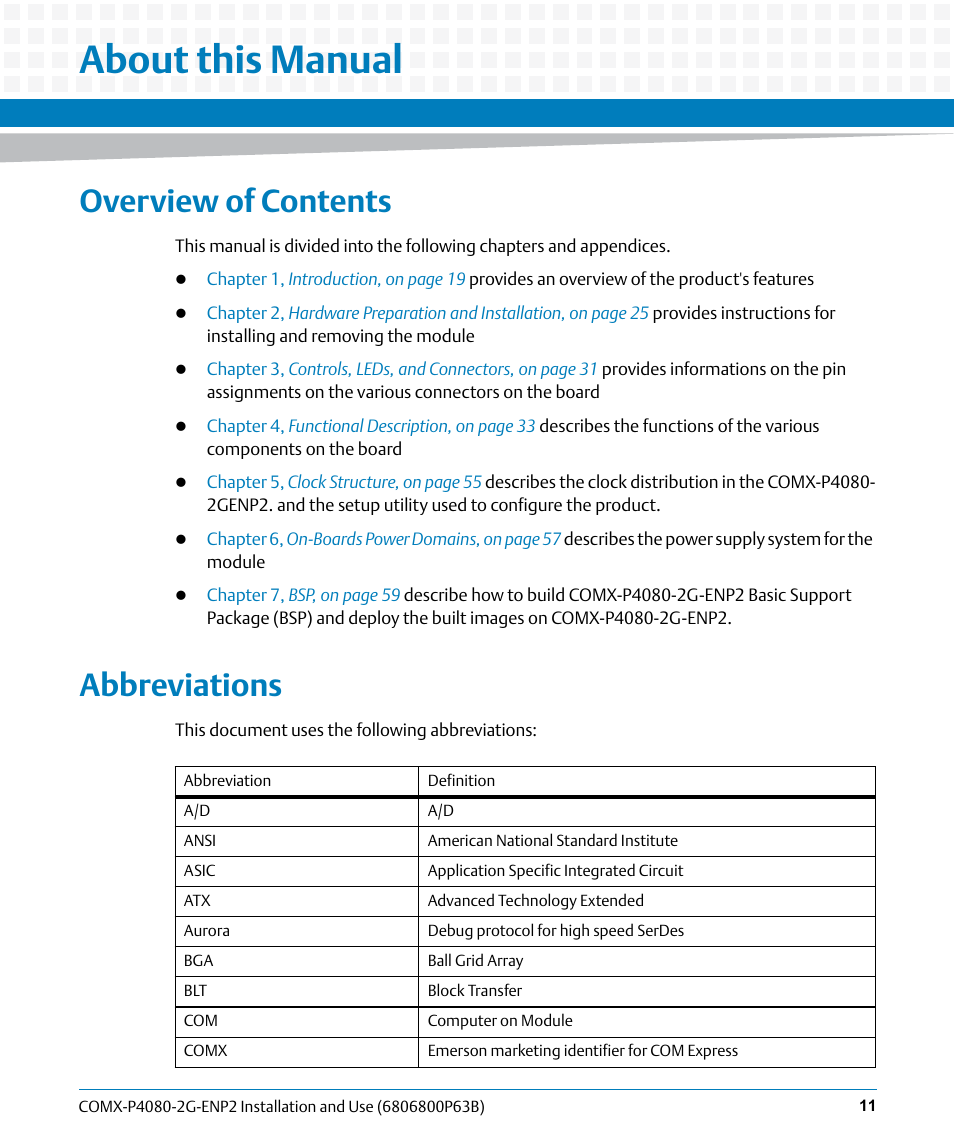 About this manual, Overview of contents, Abbreviations | Artesyn COMX-P4080-2G-ENP2 Installation and Use (August 2014) User Manual | Page 11 / 70