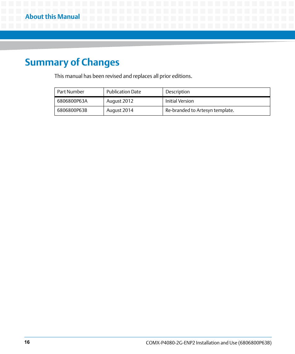 Summary of changes, About this manual | Artesyn COMX-P4080-2G-ENP2 Installation and Use (August 2014) User Manual | Page 16 / 70