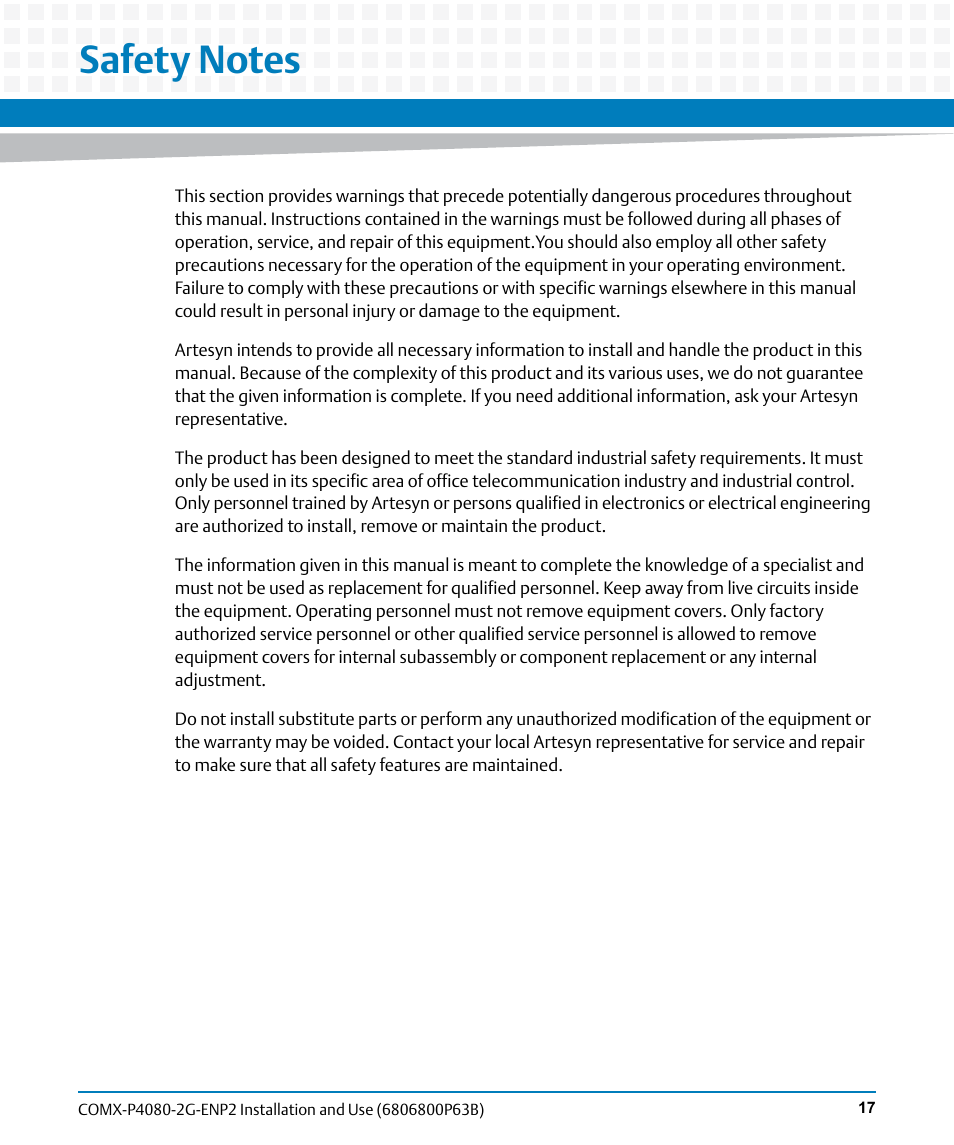 Safety notes | Artesyn COMX-P4080-2G-ENP2 Installation and Use (August 2014) User Manual | Page 17 / 70