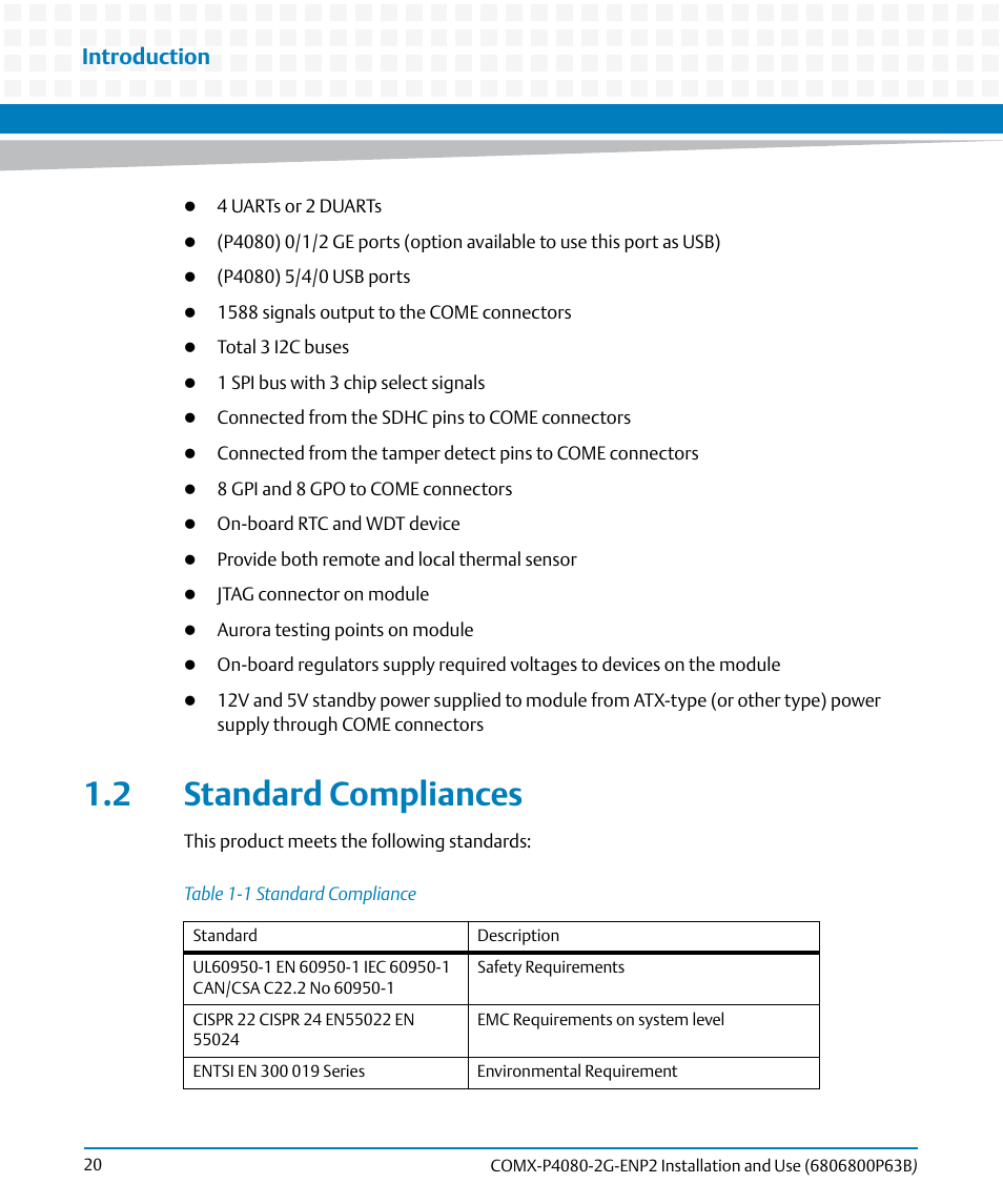 2 standard compliances, Table 1-1, Standard compliance | Introduction | Artesyn COMX-P4080-2G-ENP2 Installation and Use (August 2014) User Manual | Page 20 / 70