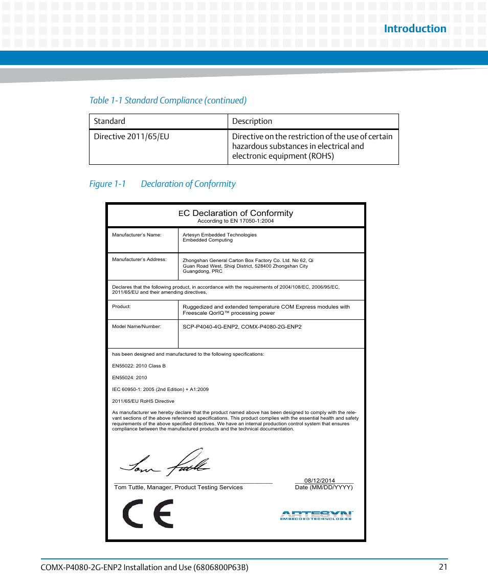 Figure 1-1, Declaration of conformity, Introduction | C declaration of conformity, Standard description | Artesyn COMX-P4080-2G-ENP2 Installation and Use (August 2014) User Manual | Page 21 / 70