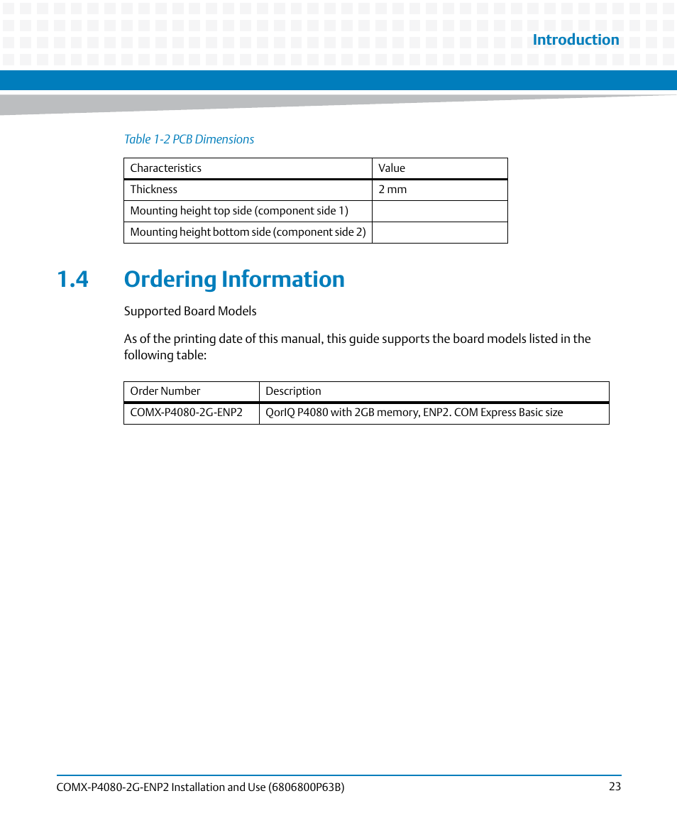 4 ordering information, Introduction | Artesyn COMX-P4080-2G-ENP2 Installation and Use (August 2014) User Manual | Page 23 / 70