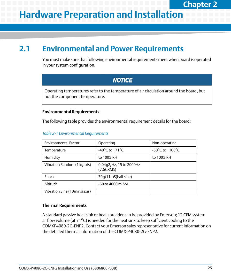 Hardware preparation and installation, 1 environmental and power requirements, Table 2-1 | Environmental requirements, Chapter 2 | Artesyn COMX-P4080-2G-ENP2 Installation and Use (August 2014) User Manual | Page 25 / 70