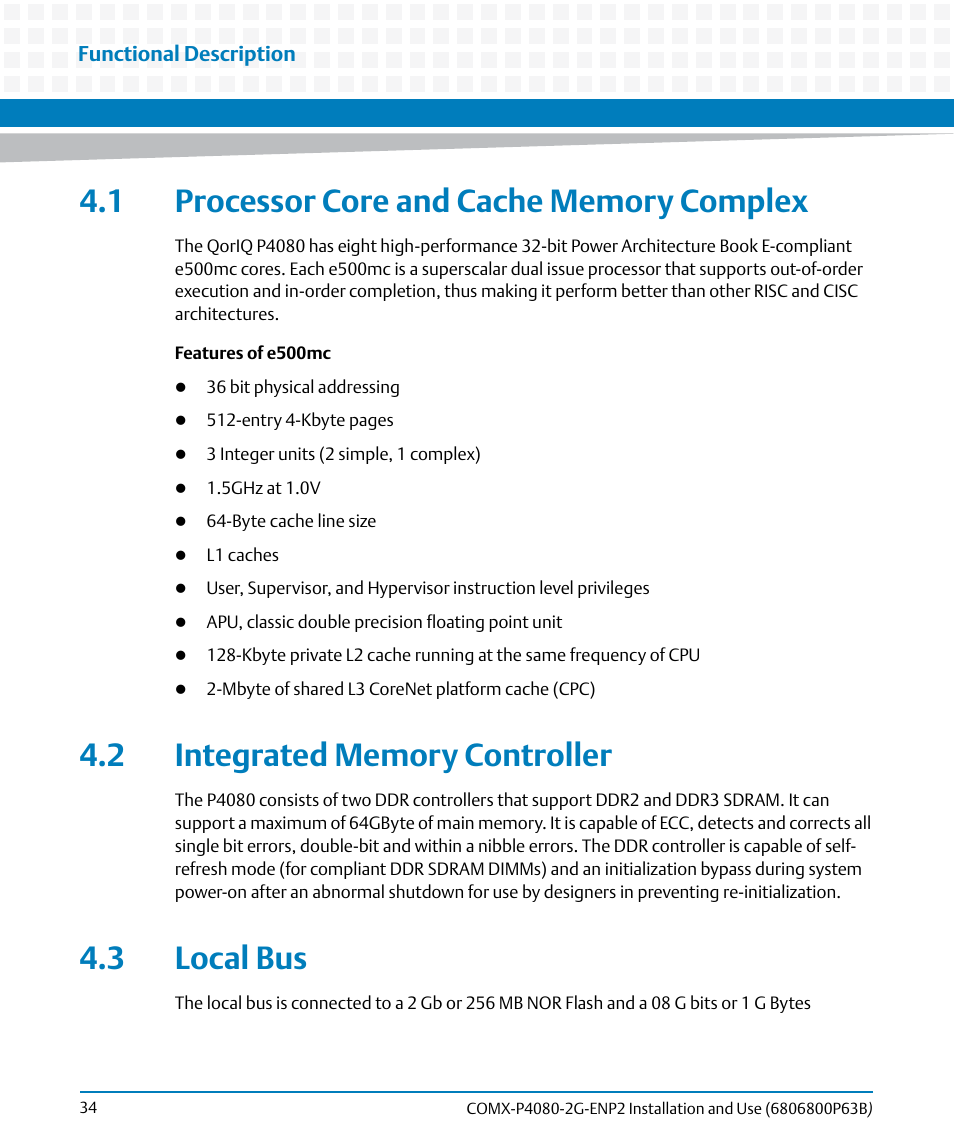 1 processor core and cache memory complex, 2 integrated memory controller, 3 local bus | Artesyn COMX-P4080-2G-ENP2 Installation and Use (August 2014) User Manual | Page 34 / 70